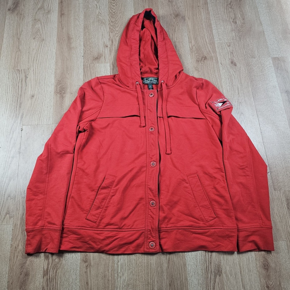 Lauren Ralph Lauren Button Front Hoodie Women Large Red L-RL Active Patch Jacket